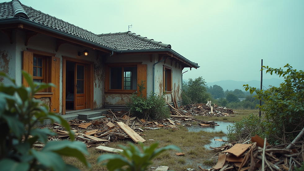 Wide angle view of an outdoor home damaged by a typhoon