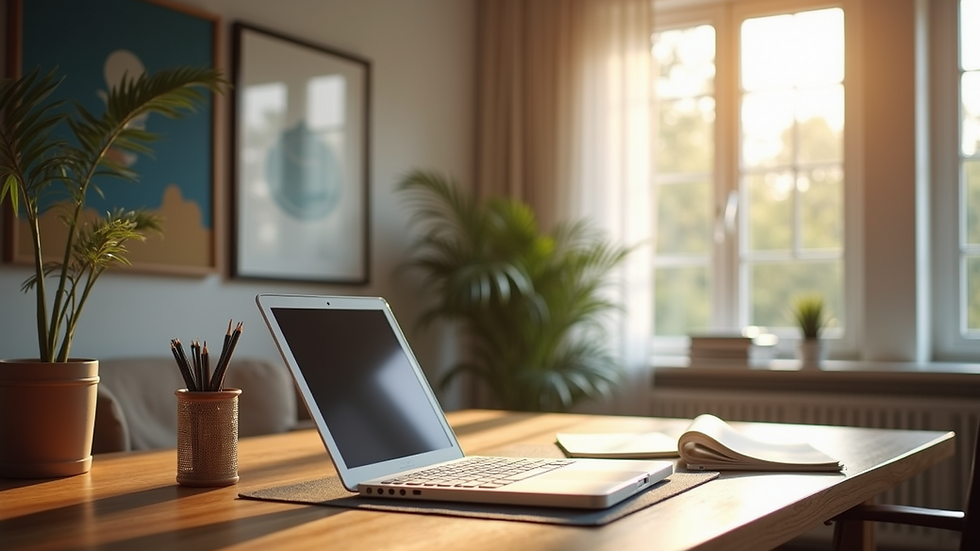 Eye-level view of a cozy home office with a desk and a laptop