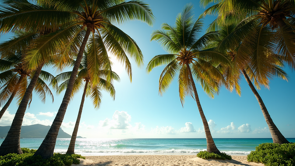 Wide angle view of a serene grove of coconut trees near a shoreline
