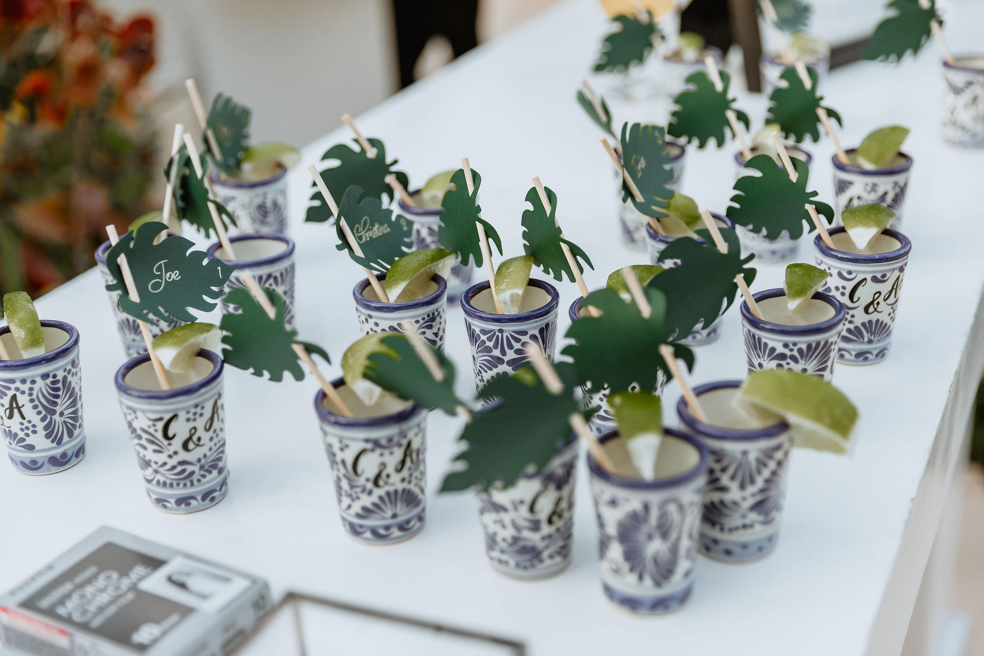 Talavera shot glasses at all inclusive wedding at Secrets Akumal in Mexico planned by travel agent for destination weddings, EverAfter Travel.
