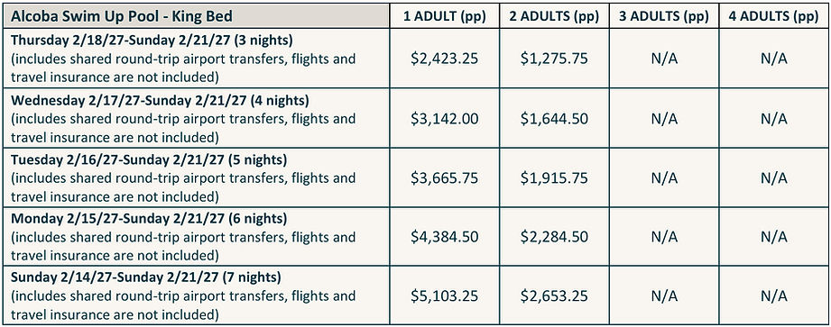Unico Riviera Maya wedding package rates for Alcoba Swim Up Pool King room.