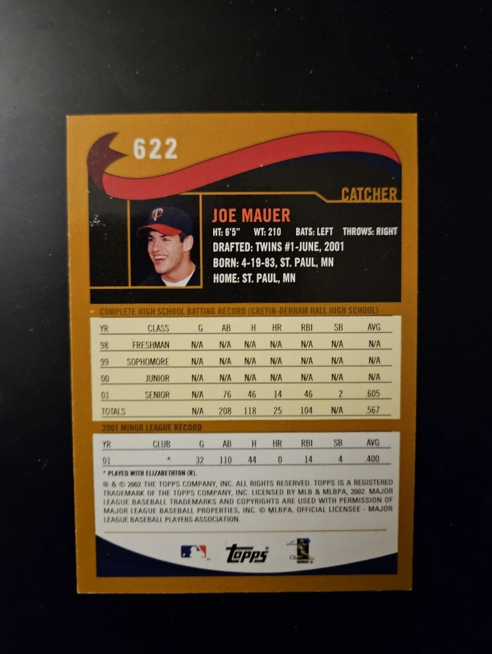 Thumbnail: 2002 Topps Draft Picks Joe Mauer Rc #622 NM-MT - Minnesota Twins Rookie