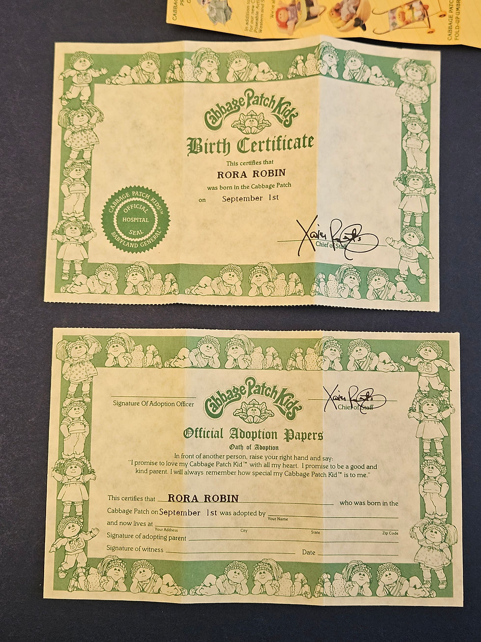 Thumbnail: Cabbage Patch Kids Birth Certificate and Adoption Papers September 1st Rora Robi