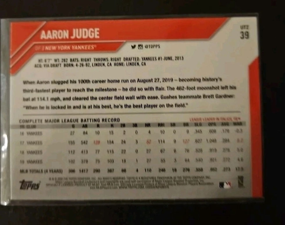 Thumbnail: 2020 Topps Utz Baseball Aaron Judge #39 Local Food Issue Baseball Card