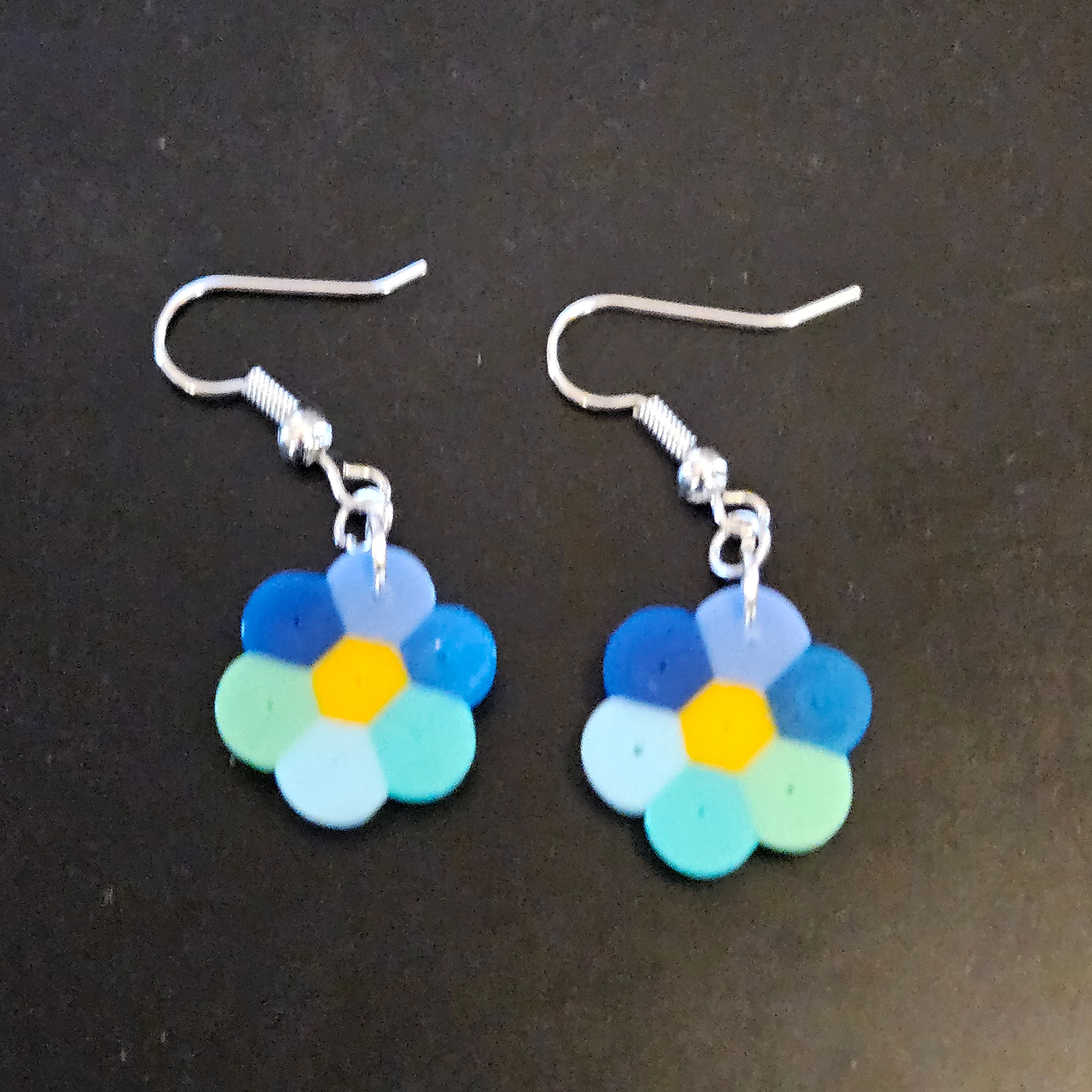 Earrings - New - Homemade - Perler Bead Blue Flower Design 02