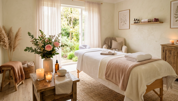 Wide-angle view of a peaceful massage room with candles, flowers and soft linen.