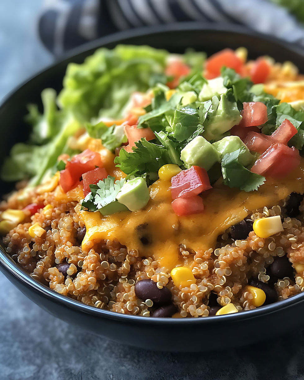 A close up image of fresh pico de gallo, melted cheese, over a quinoa, corn, and beans.