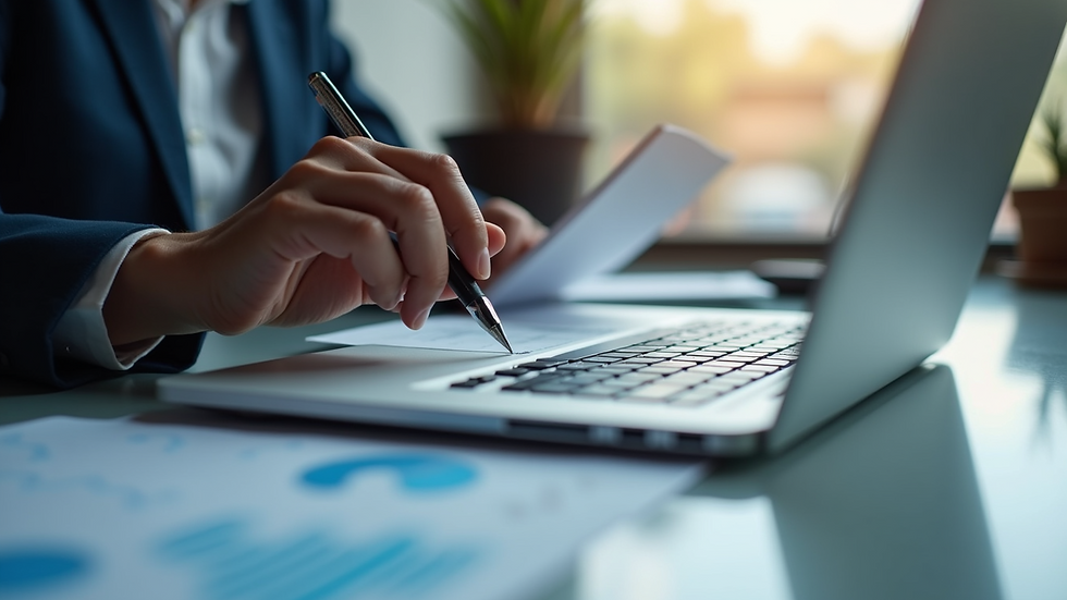 Eye-level view of a business professional analyzing B2B data on a laptop