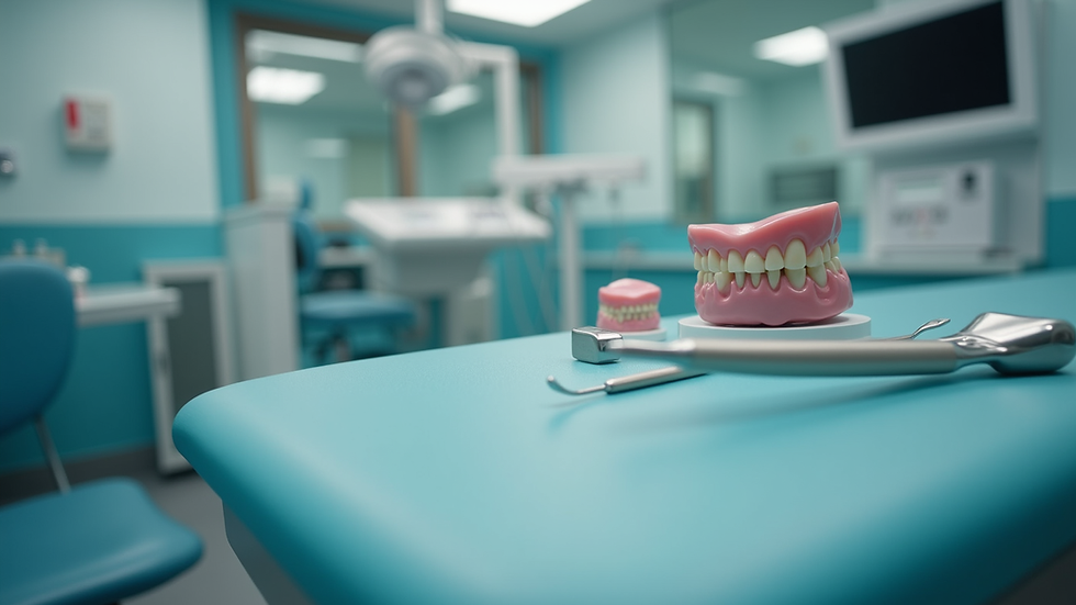 High angle view of dental clinic workspace with dental tools and models