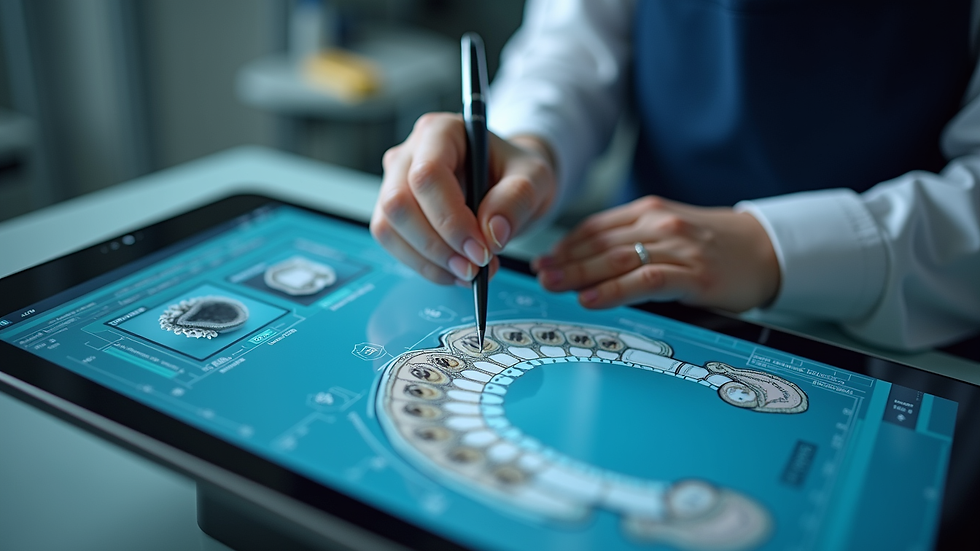 High angle view of dental technician working on a digital design for dental restoration
