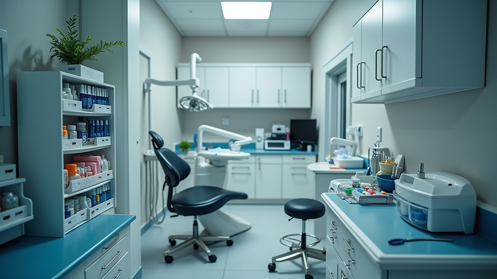High angle view of dental clinic workspace with tools and materials organized