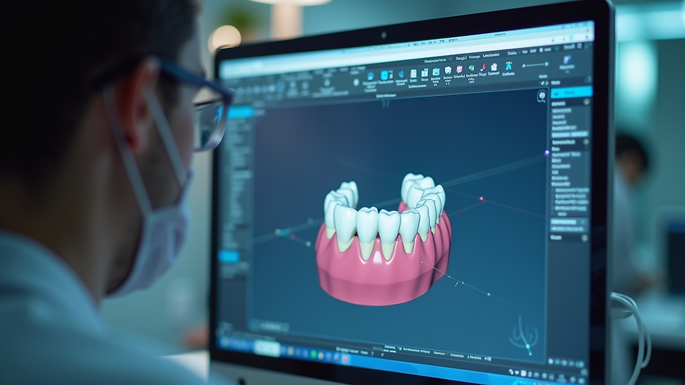 Close-up view of a dental crown being designed on a computer screen