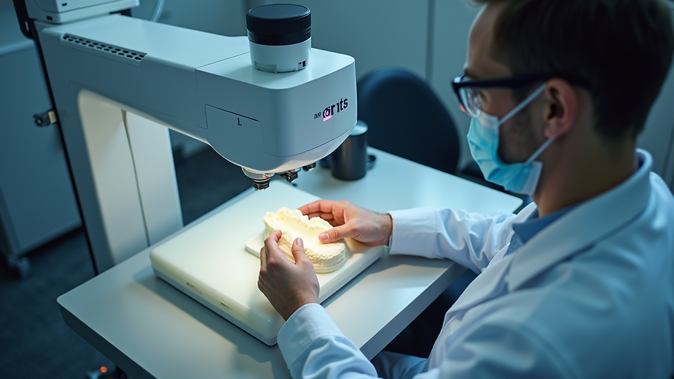 High angle view of a dental technician working with CAD/CAM equipment