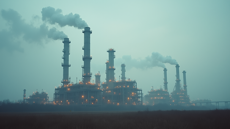 Eye-level view of an oil refinery with smoke stacks under a cloudy sky