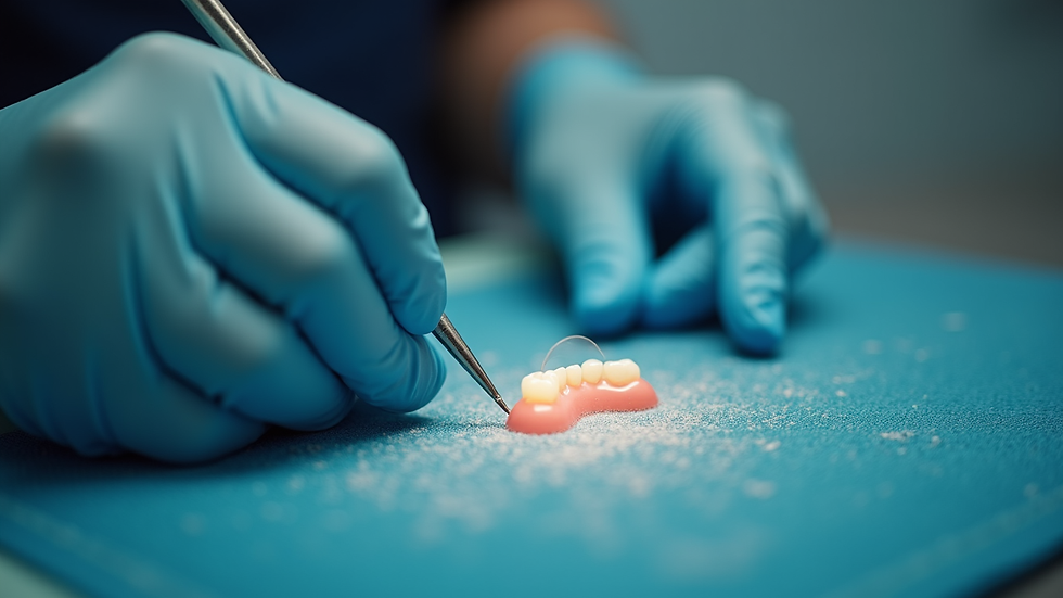 Close-up view of dental technician working on a dental restoration in a lab
