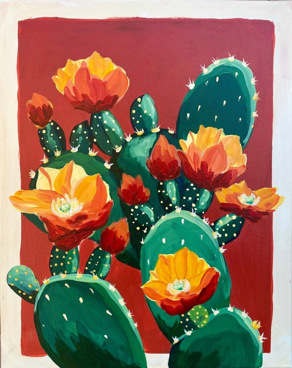 Colorful cactus painting with bright orange and yellow flowers, symbolizing creativity and the unique style taught in art classes Halifax compared to traditional school art programs.