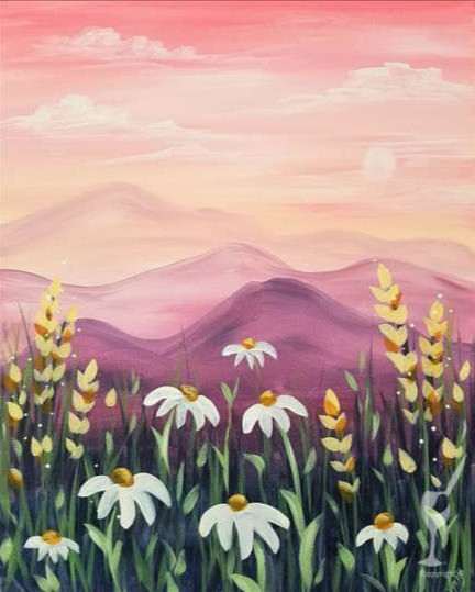 Oil painting of a lady with a parasol and a child on a grassy field with blue sky and clouds, inspired by scenes in MONET MERLOT sessions, showcasing light and outdoor elegance.