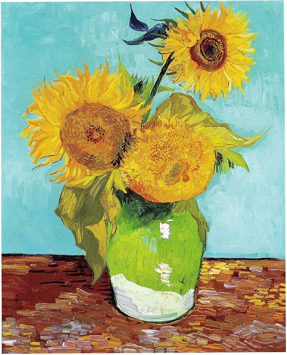 An oil painting by Vincent van Gogh titled “Vase with Three Sunflowers,” depicting three vibrant sunflowers in a simple vase, radiating warmth and energy.