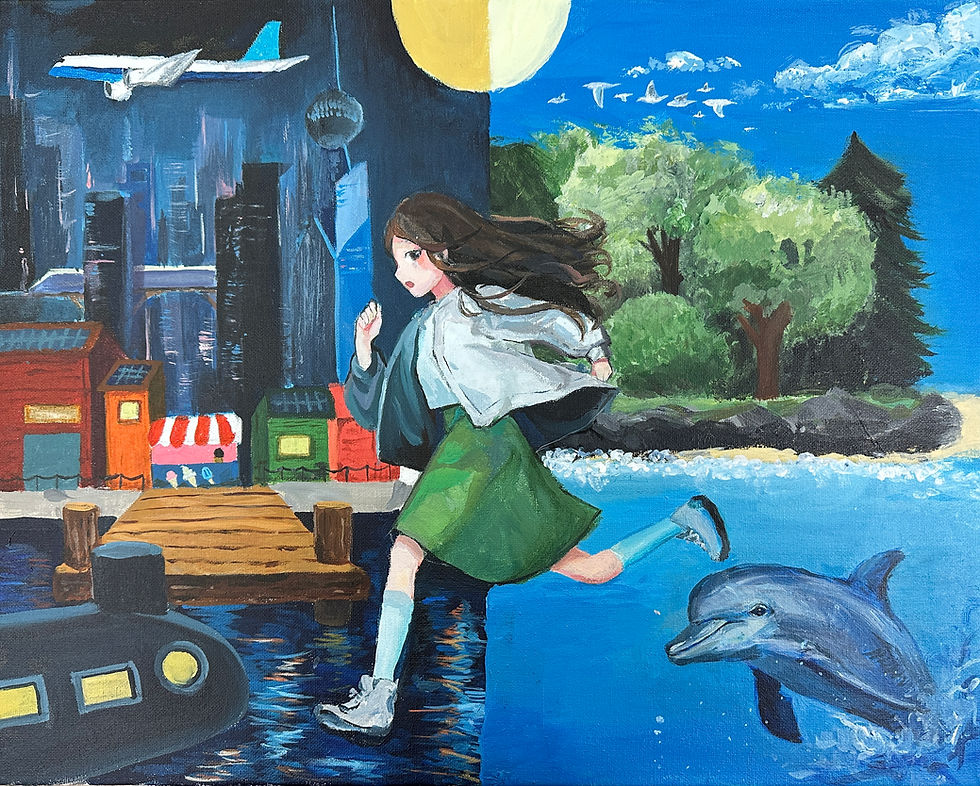 A teen girl runs across a bridge between a dark city and a bright natural landscape with trees, ocean, and a dolphin, showing a journey from stress to calm through imagination and art.