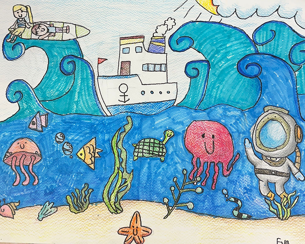 A child’s colorful ocean drawing with waves, a ship, sea animals, and an astronaut underwater, showing imagination built through consistent art practice rather than natural talent.