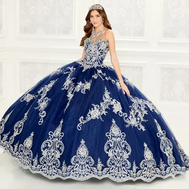 Thumbnail: Elegant off the shoulder quinceanera dress with scalloped lace details