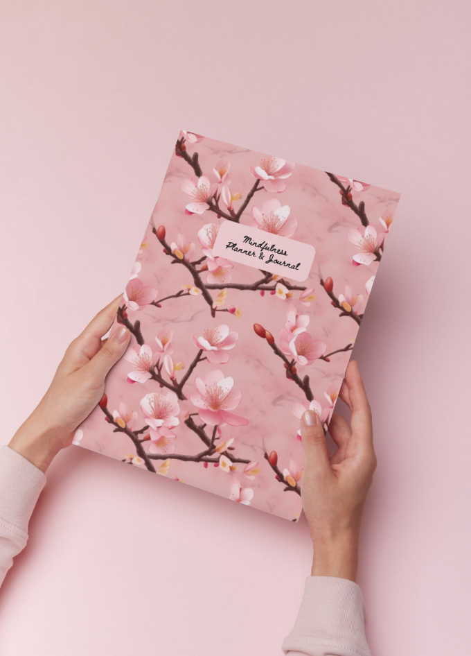 Hands holding pink floral notebook with Mindful Journals and text on it