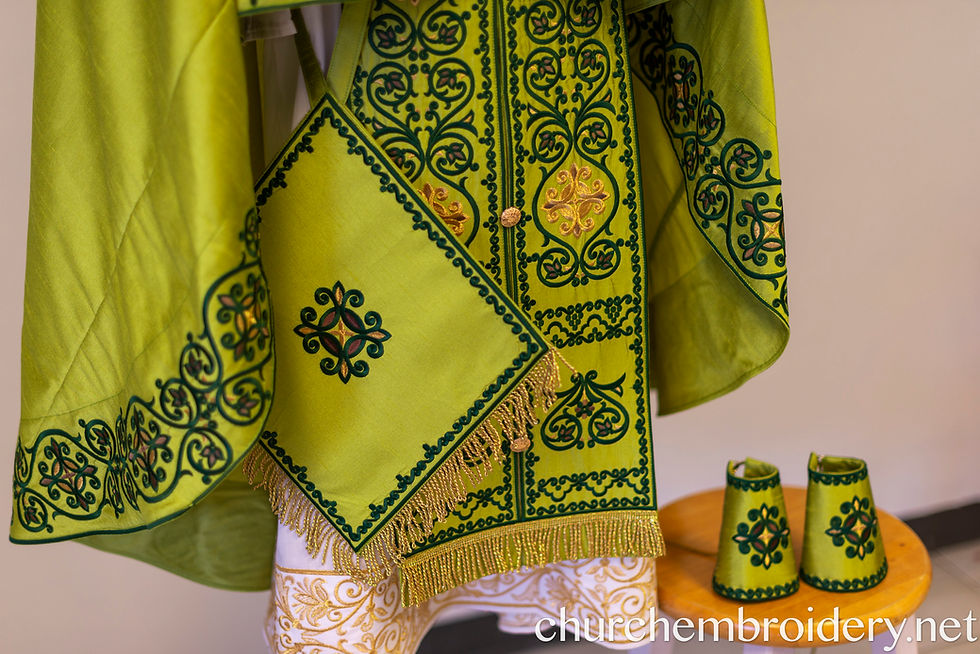 Thumbnail: Custom embroidered Orthodox priest vestment set in green and gold, featuring detailed cross and floral patterns on the phelon