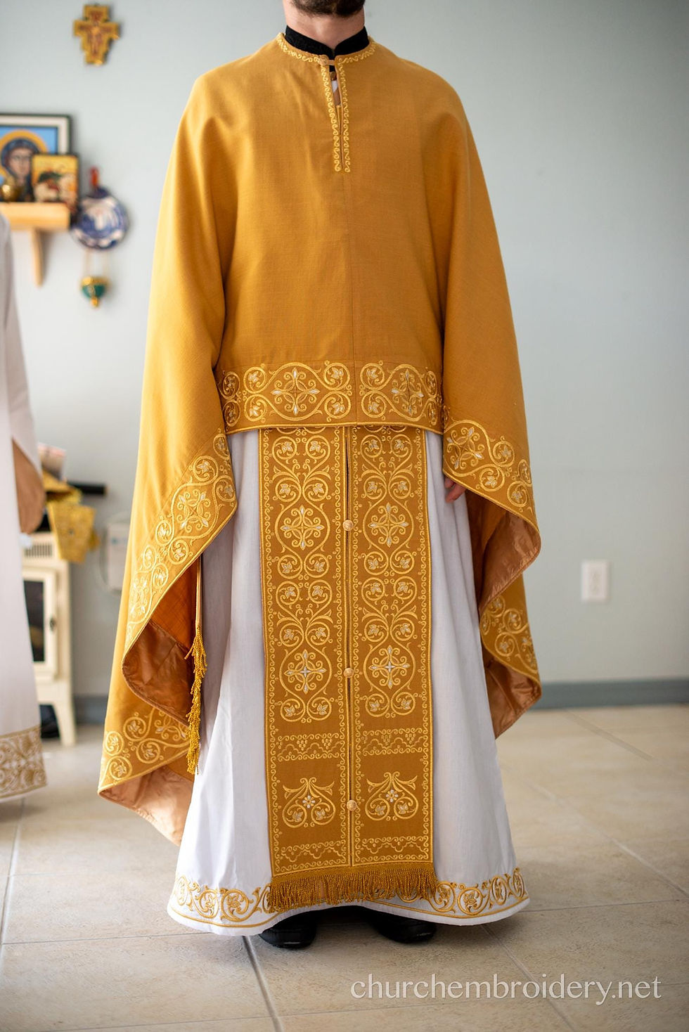 Thumbnail: Fully Embroidered Orthodox Priest Vestments Set, Simple Linen, Gold