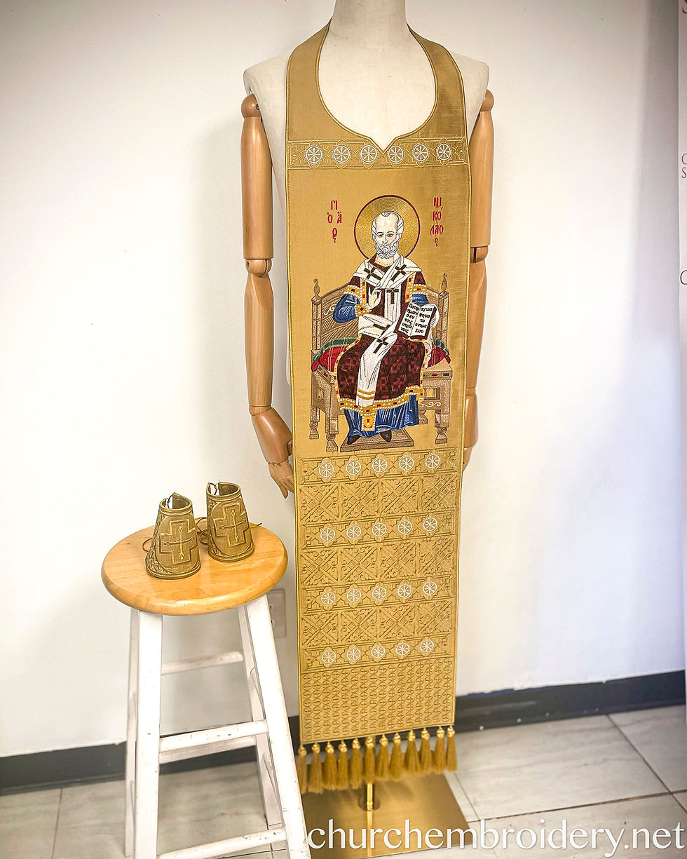 Gold Orthodox epitrachelion embroidered with Saint Nicholas icon, bishop priest vestment front view