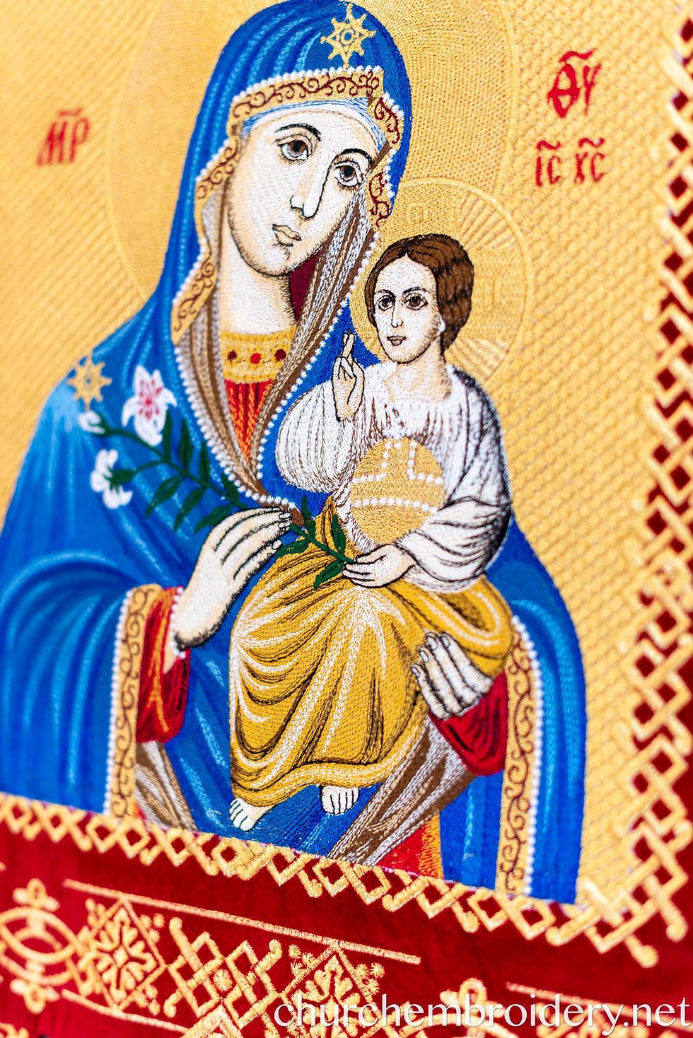 Thumbnail: Fully embroidered Eastern Orthodox church banner with Theotokos icon on burgundy cotton velvet, 40x19 in, handmade in USA, li