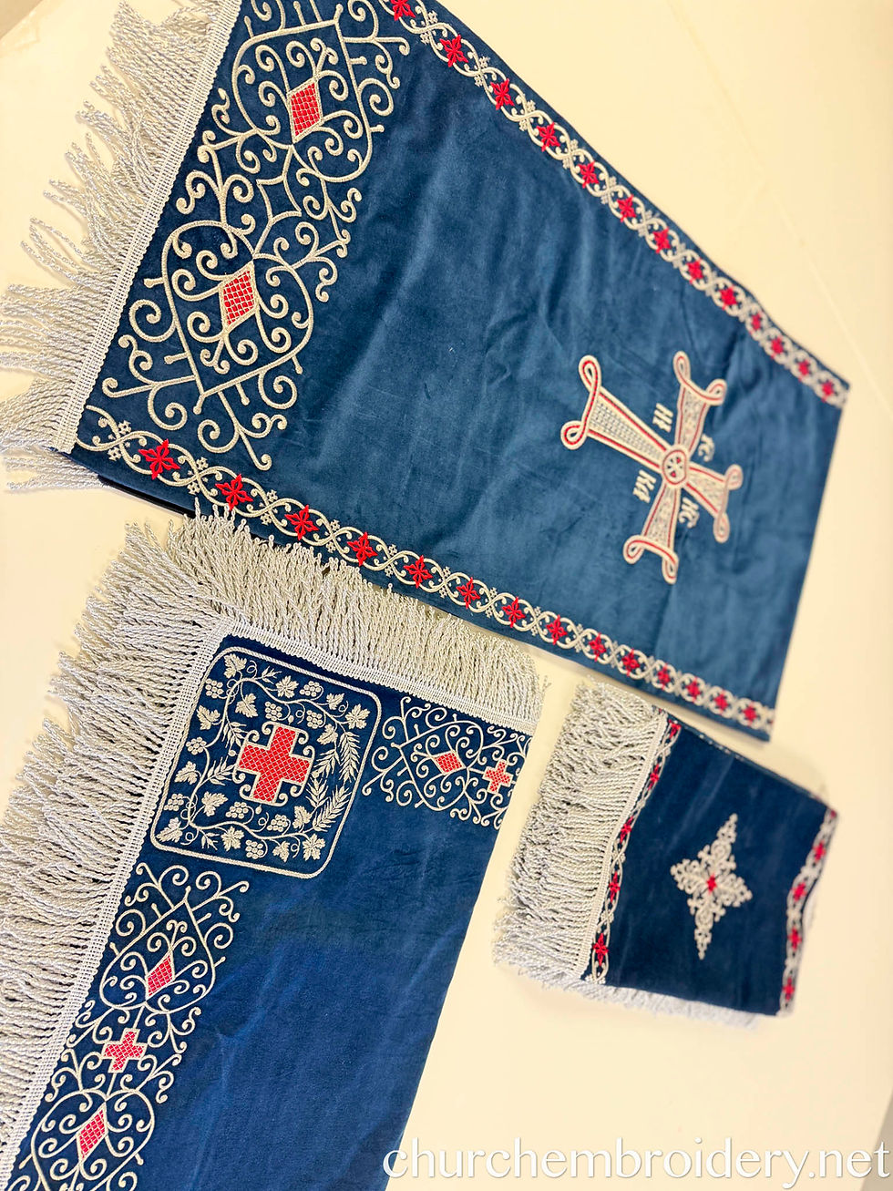 Thumbnail: Close-up of embroidered corner with red cross and silver fringe