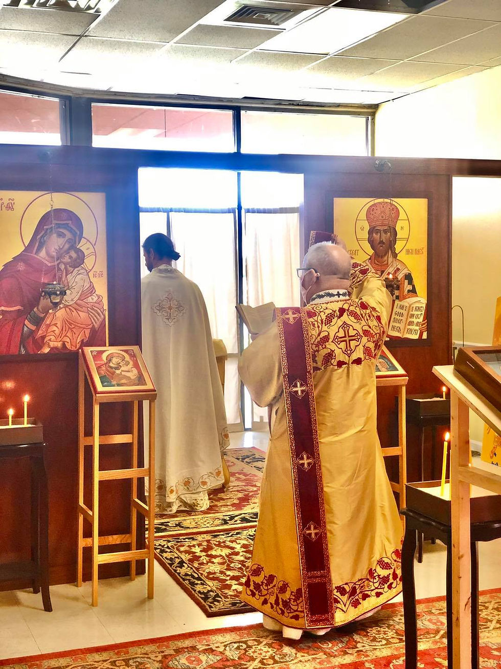 Thumbnail: Golden Dupioni Silk Deacon Vestments with Red Embroidery