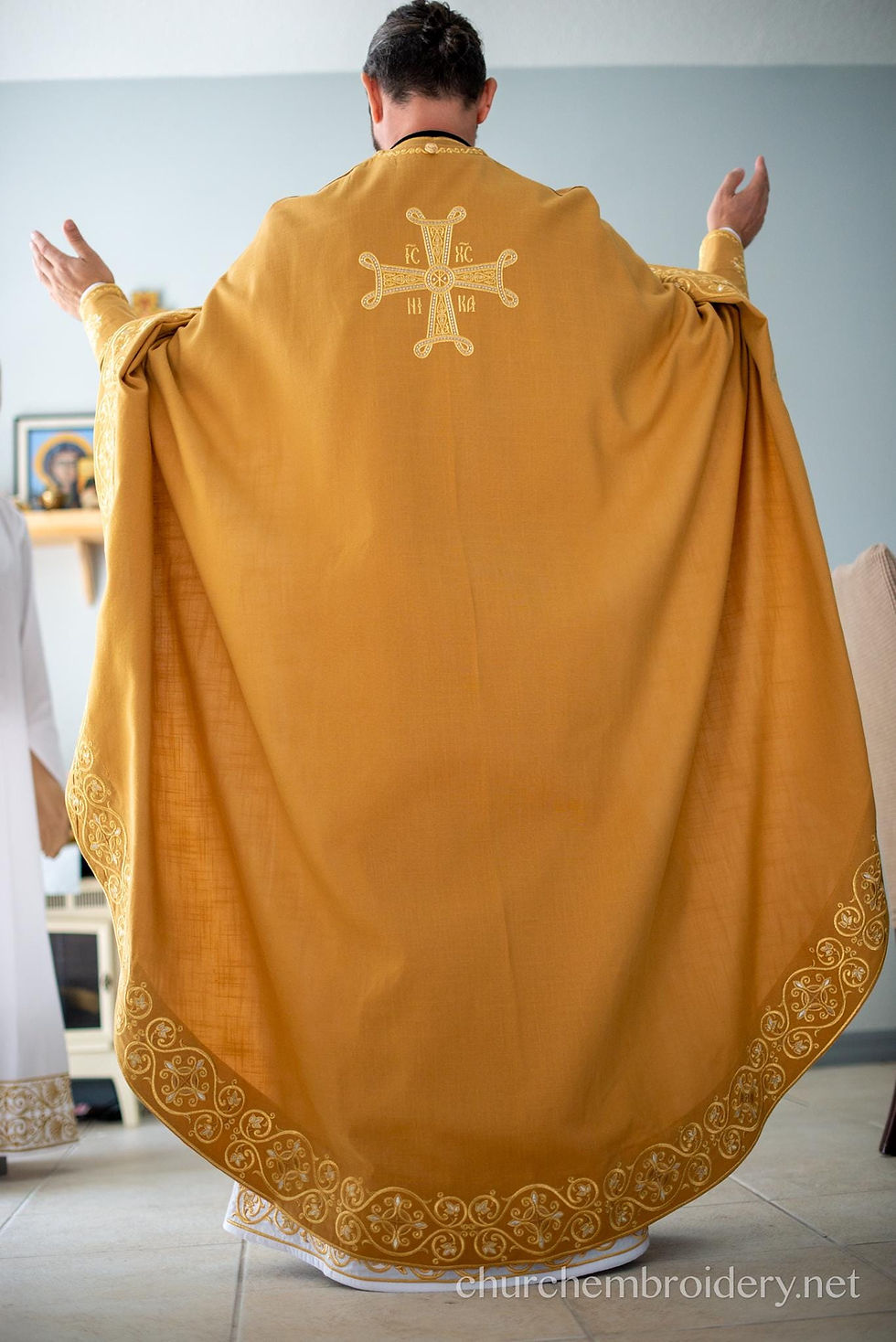 Thumbnail: Fully Embroidered Orthodox Priest Vestments Set, Simple Linen, Gold