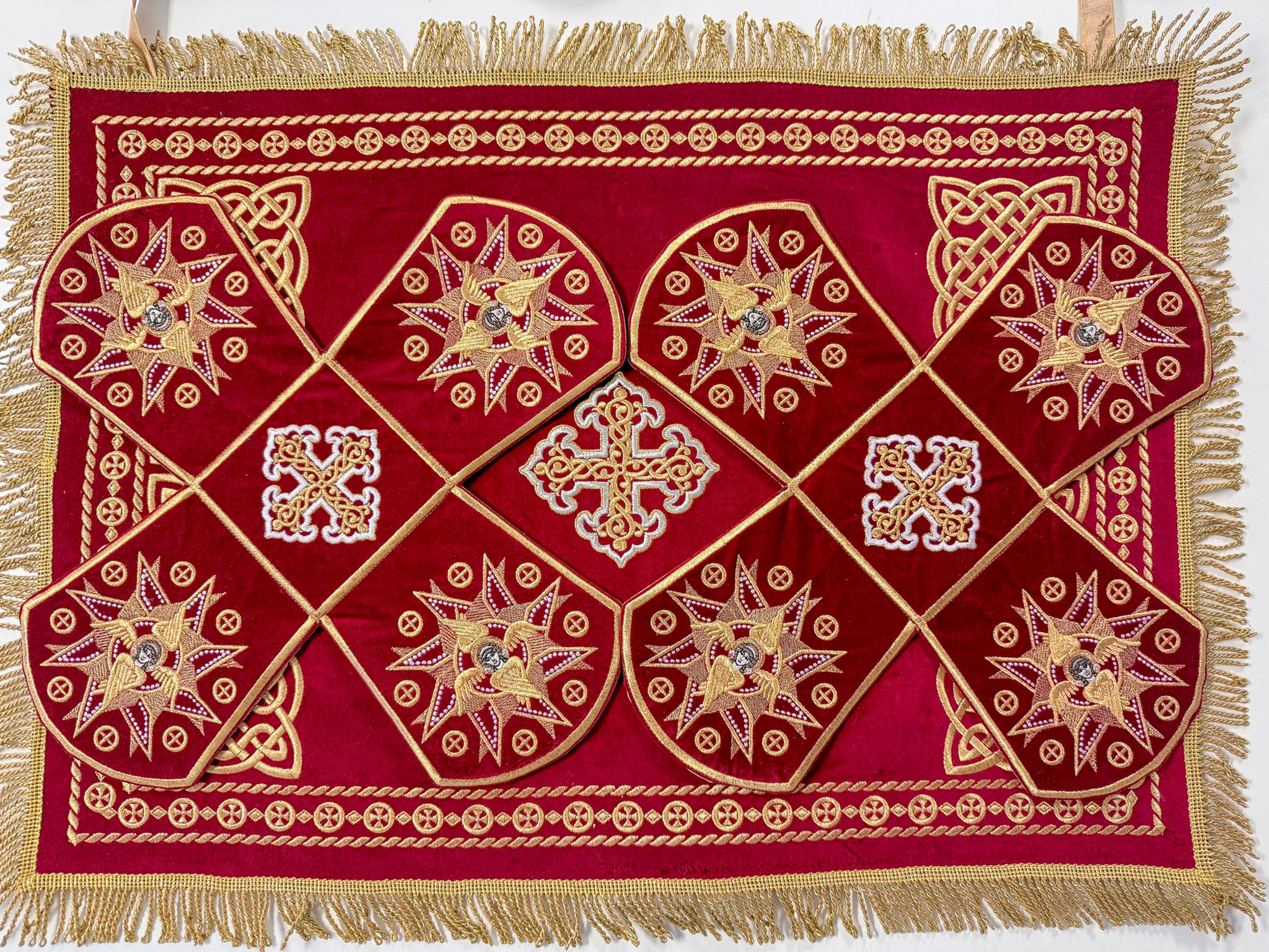 Orthodox chalice covers set in red and gold velvet with cross and star embroidery and decorative fringe