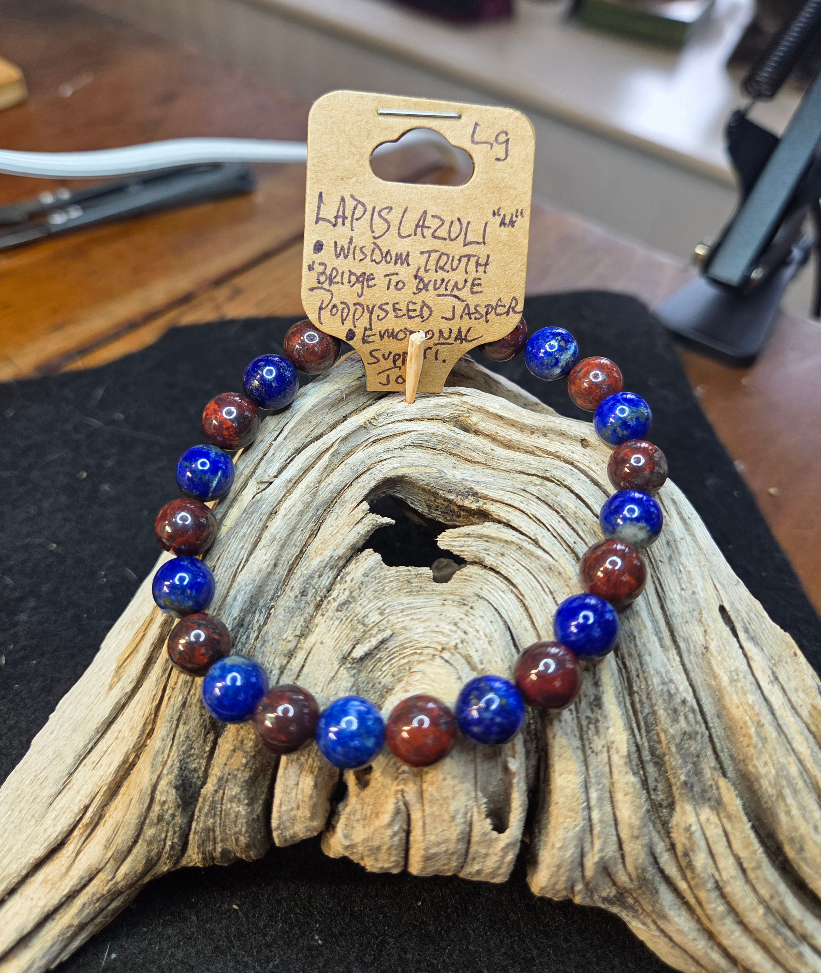 Lapis Lazuli sits nicely with Poppyseed Jasper