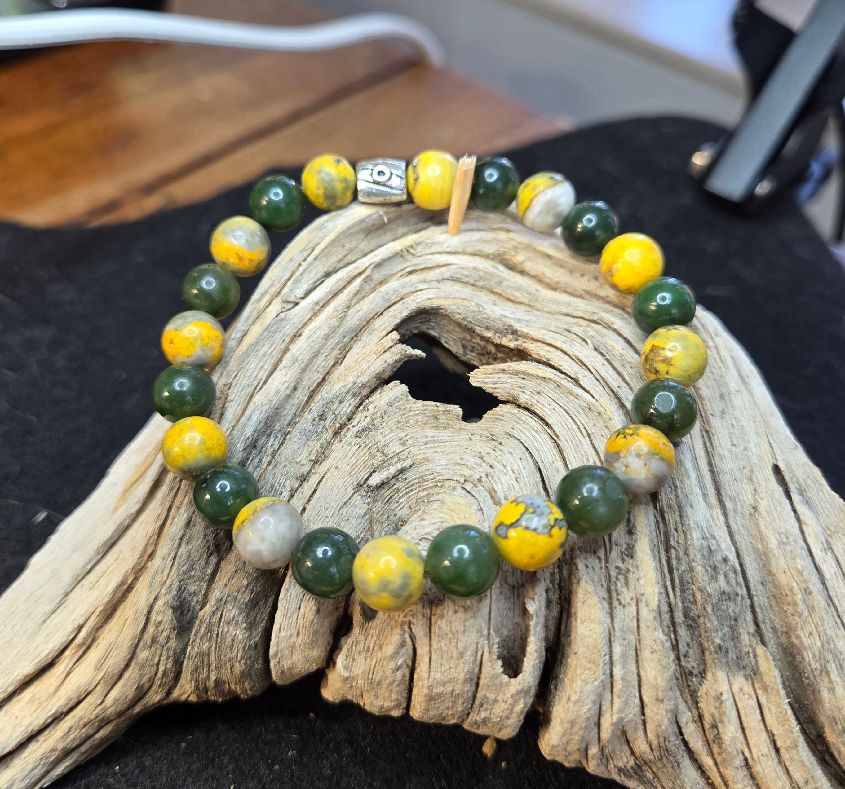 Bead Bracelet Green Jade paired with Bumble Bee Jasper
