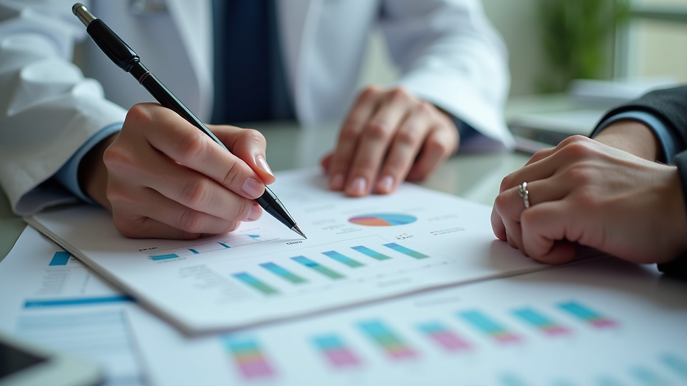 Close-up view of a dental practice owner reviewing financial charts and consulting notes