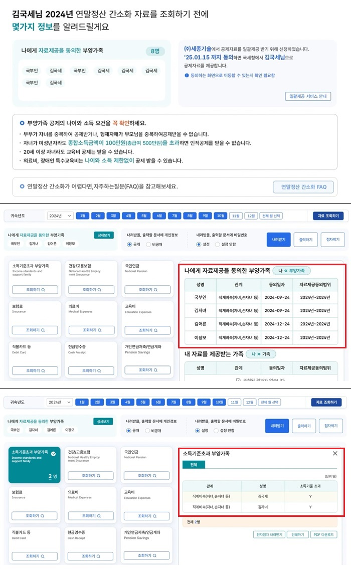 국세청 홈택스는 올해 연말정산부터 자료제공을 동의한 부양가족, 소득기준 초과 부양가족 정보를 제공해 납세자가 실수로 과다 공제받는 일이 없도록 자동 검증하고 있다. [사진: 국세청 자료 캡처]
