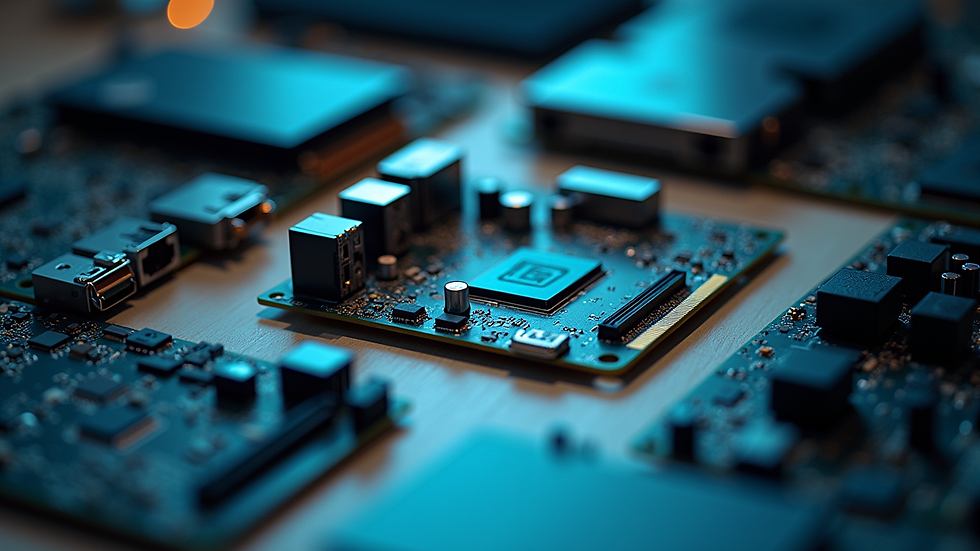 Close-up view of computer components laid out on a table