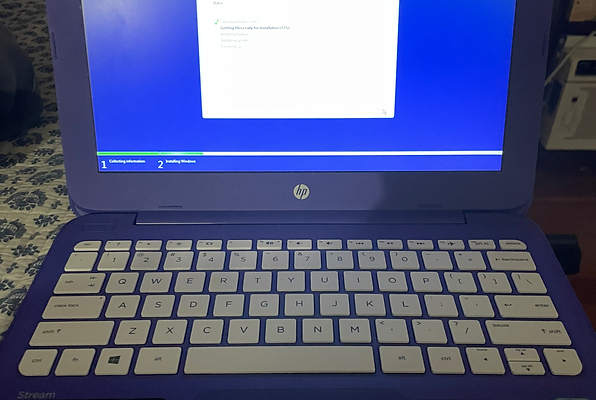 Purple HP laptop with Windows OS Reinstall (No Backups) is open.