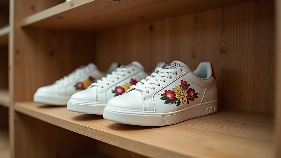 Eye-level view of a pair of gota embroidery sneakers displayed on a wooden shelf