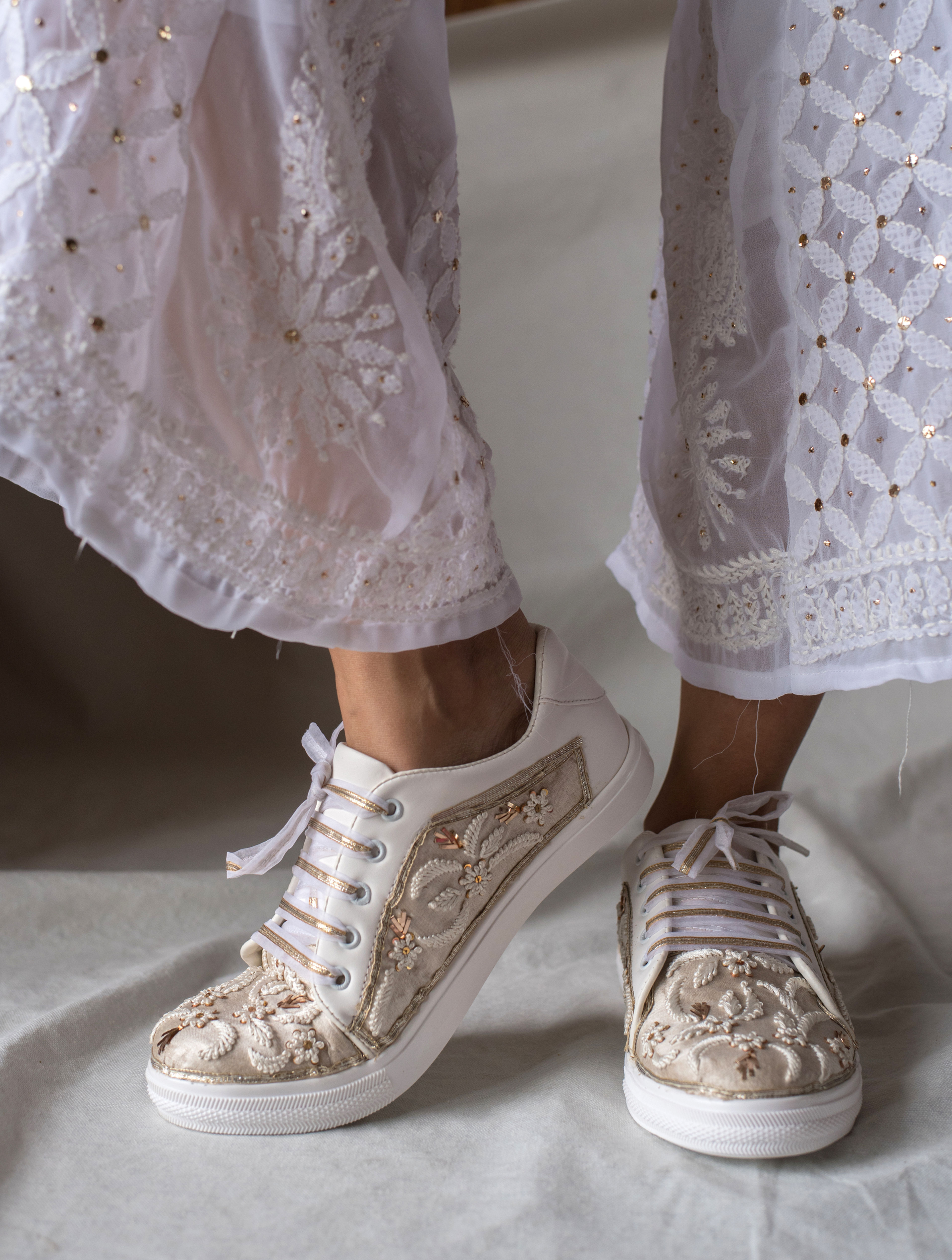 White Chikankari Zari Sneakers