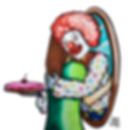 a clown hugging a girl while holding a pie