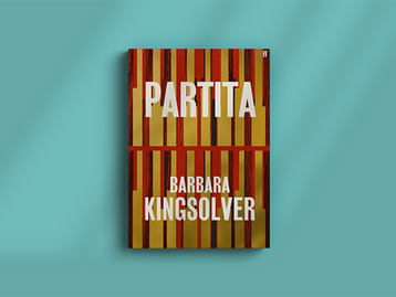 Book cover of Partita by Barbara Kingsolver with red and gold vertical stripes on a teal background.