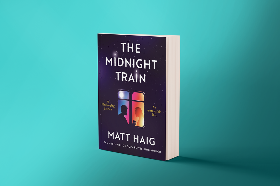 Book cover for "The Midnight Train" by Matt Haig. Silhouettes face each other against a starry night sky. Themes: journey, love.