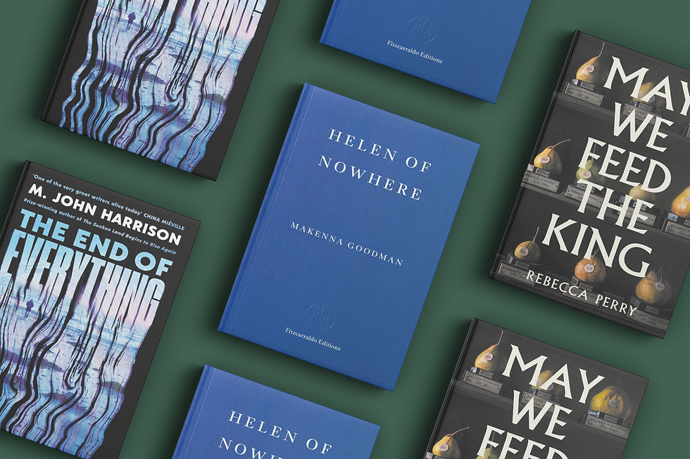 Several book covers on green background, including Helen of Nowhere, The End of Everything, and May We Feed the King.