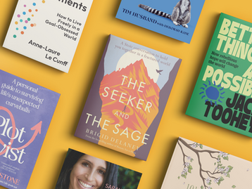 Books displayed on a yellow background: "The Seeker and The Sage" center, colorful covers, visible titles, varied designs, positive mood.