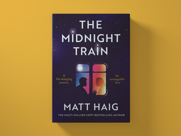 Book cover for "The Midnight Train" by Matt Haig. Silhouettes face each other against a starry night sky. Themes: journey, love.