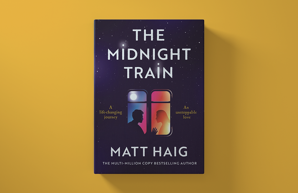 Book cover for "The Midnight Train" by Matt Haig. Silhouettes face each other against a starry night sky. Themes: journey, love.