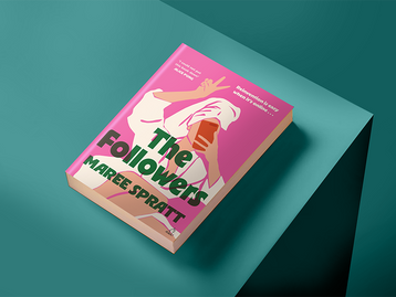 Pink book cover titled The Followers by Maree Spratt on a teal surface, showing a person taking a selfie with a phone.